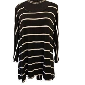 Shanley Women's Casual Pull Over Black White Stripe Top 3/4 Slv Hi-Low Hem Sz L